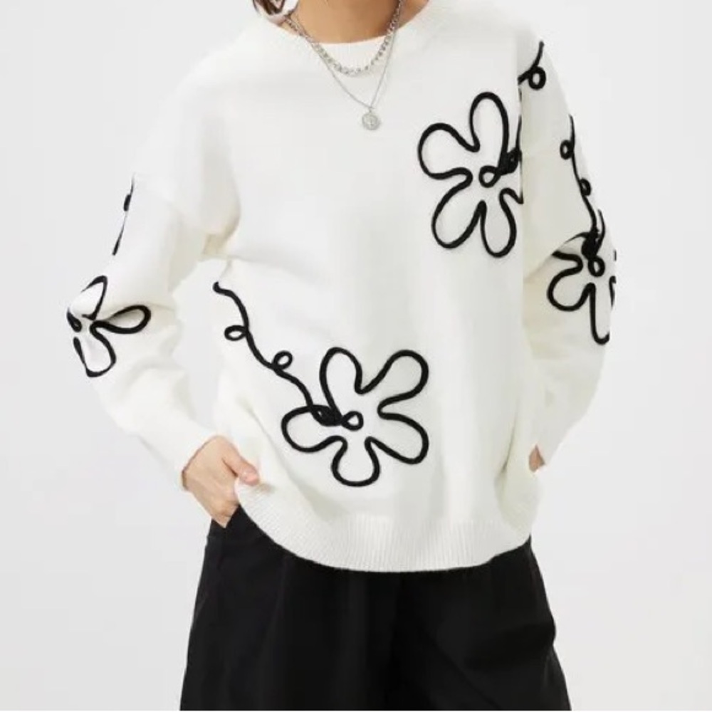 Floral Textured Cream Knitted Sweater